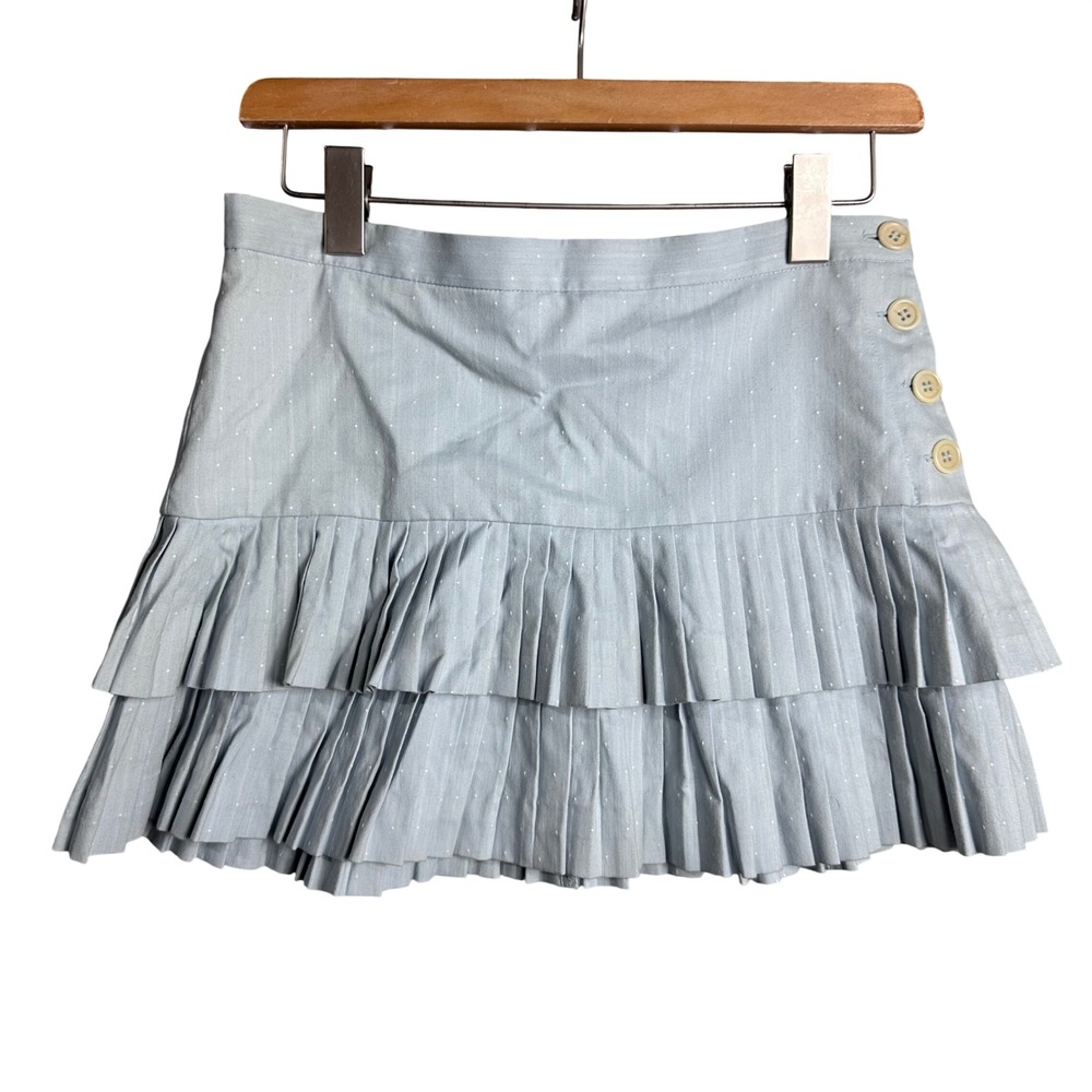 BCBGMAXAZRIA Light Blue Pin Dot Pleated Ruffle Tiered Mini Skirt Sz 0 y2k bratz